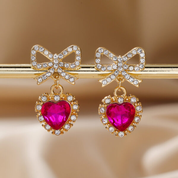 Zinc Alloy Bow Heart Shape With Diamond Earrings - Image 2