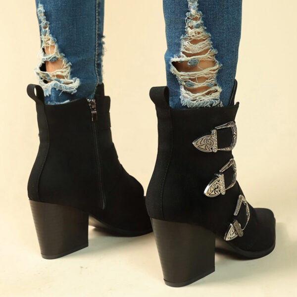 Chunky Heel Pointed Toe Boots With Belt Buckle Design Retro Mid-calf Boot Fashion Fall Winter Shoes For Women - Image 2