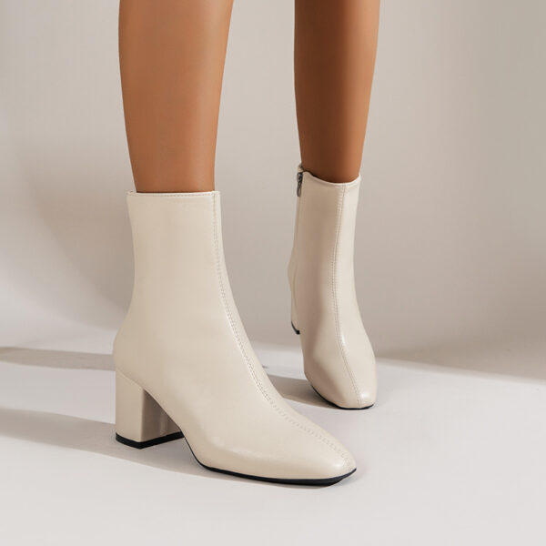 Chunky Heel Pointed Toe Boots With Side Zipper Fashion Mid-calf Boot For Women Shoes - Image 3