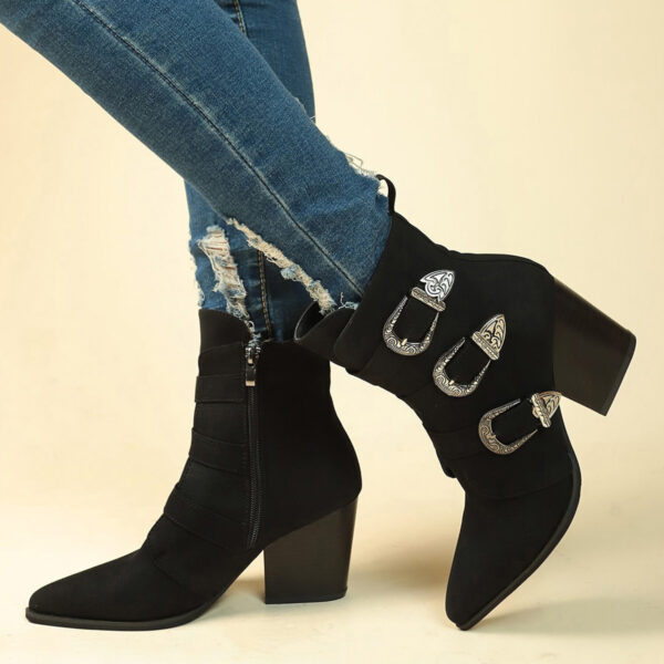 Chunky Heel Pointed Toe Boots With Belt Buckle Design Retro Mid-calf Boot Fashion Fall Winter Shoes For Women - Image 4