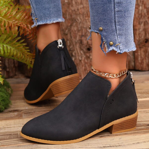 Chunky Heel Pointed Toe Ankle Boots With V-cut Design Fashion Fall Winter Short Boots For Women Shoes - Image 2