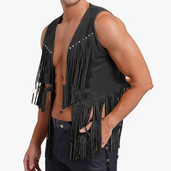 Men's Suede Sleeveless V-neck Rivet Detail Tassel - Image 4