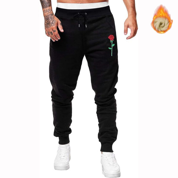 European And American Men's Autumn And Winter Leisure Fleece Warm Rose Printed Trousers - Image 3