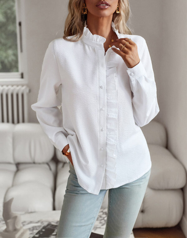 Striped Long Sleeve Shirt Fashion Ruffle Design Button Up Tops Casual Office Blouse Elegant Commuting Women's Clothing - Image 3