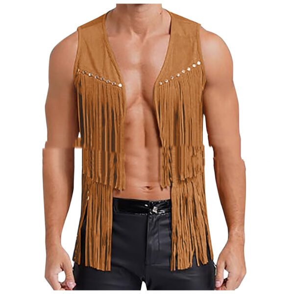 Men's Suede Sleeveless V-neck Rivet Detail Tassel - Image 5