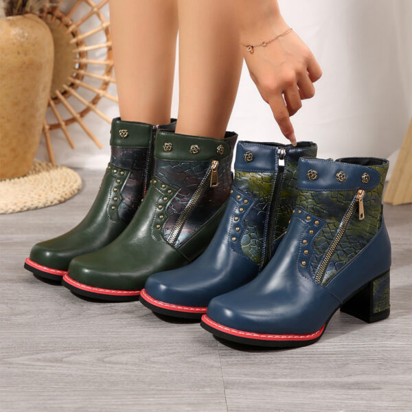 Fashion Chunky Heel Square Toe Anck Boots With Rivet Double Zippers Design Retro Ethnic Style Short Boot For Women - Image 4