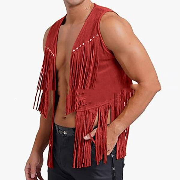 Men's Suede Sleeveless V-neck Rivet Detail Tassel - Image 2